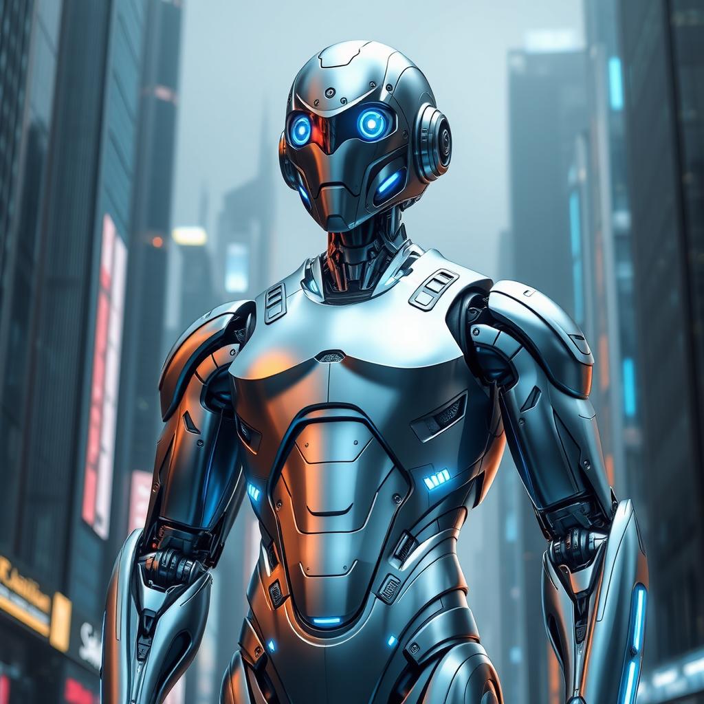 A sleek, futuristic robot in a steel colour, standing upright with an imposing presence