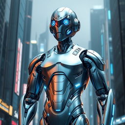 A sleek, futuristic robot in a steel colour, standing upright with an imposing presence