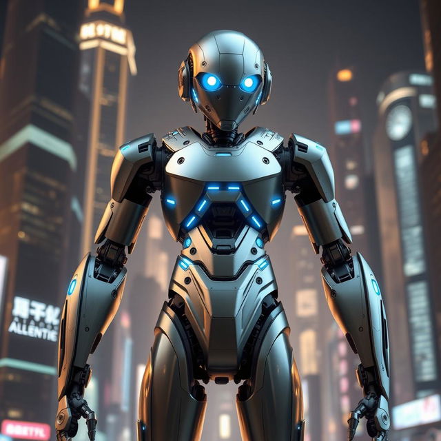 A sleek, futuristic robot in a steel colour, standing upright with an imposing presence