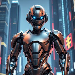 A sleek, futuristic robot in a steel colour, standing upright with an imposing presence