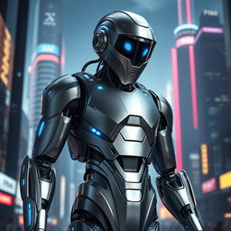 A sleek, futuristic robot in a steel colour, standing upright with an imposing presence