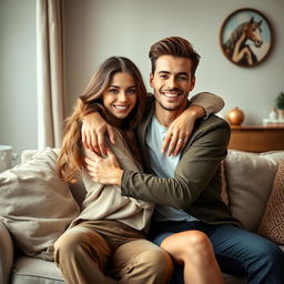 A gorgeous European brother and sister hugging on a stylish sofa, exuding warmth and affection