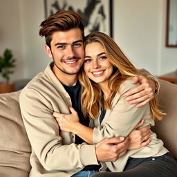 A gorgeous European brother and sister hugging on a stylish sofa, exuding warmth and affection