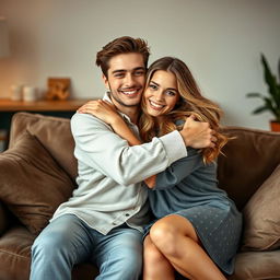 A gorgeous European brother and sister hugging on a stylish sofa, exuding warmth and affection