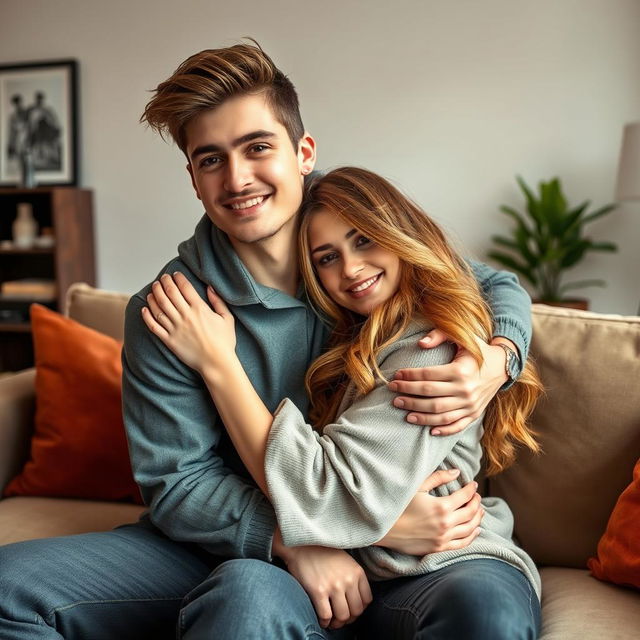 A gorgeous European brother and sister hugging on a stylish sofa, exuding warmth and affection