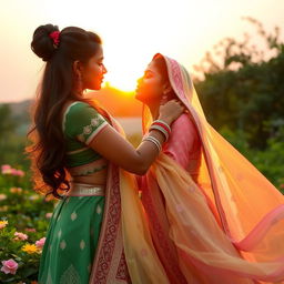 A romantic scene featuring two Indian girls sharing a gentle kiss in a picturesque setting