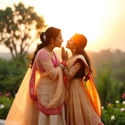 A romantic scene featuring two Indian girls sharing a gentle kiss in a picturesque setting