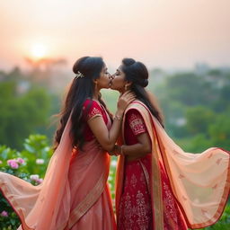 A romantic scene featuring two Indian girls sharing a gentle kiss in a picturesque setting