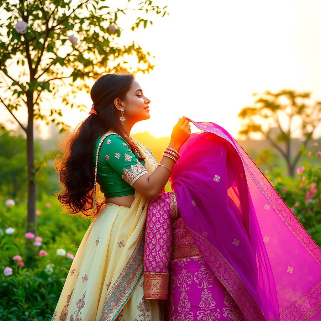 A romantic scene featuring two Indian girls sharing a gentle kiss in a picturesque setting