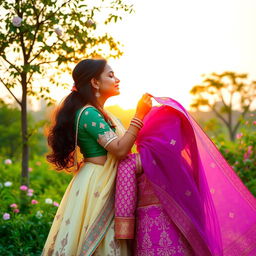 A romantic scene featuring two Indian girls sharing a gentle kiss in a picturesque setting