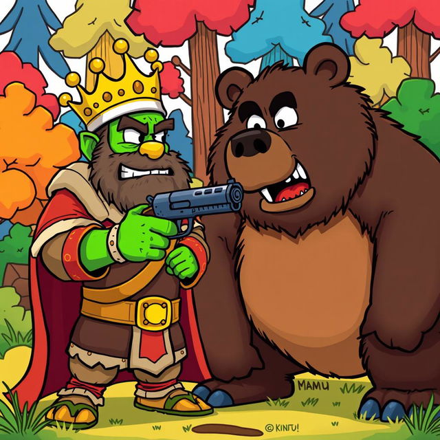 A cartoon-style illustration of King Wart (also known as Mamu) pointing a gun at a large bear