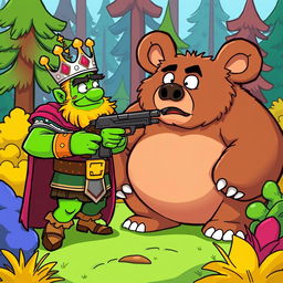 A cartoon-style illustration of King Wart (also known as Mamu) pointing a gun at a large bear