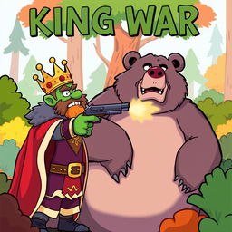 A cartoon-style illustration of King Wart (also known as Mamu) pointing a gun at a large bear
