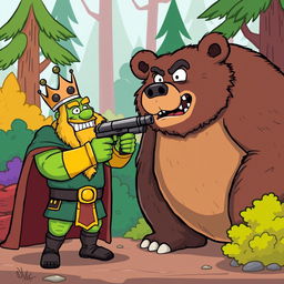 A cartoon-style illustration of King Wart (also known as Mamu) pointing a gun at a large bear