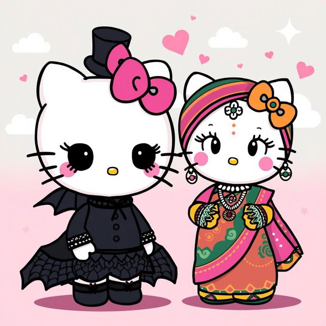 A whimsical scene featuring two Hello Kitty characters: one dressed in a gothic style with dark attire, lace accessories, and a dramatic makeup look, complete with a black choker and a mini top hat