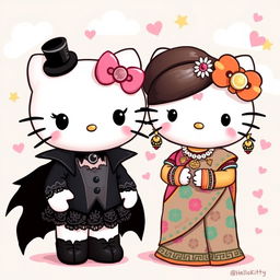A whimsical scene featuring two Hello Kitty characters: one dressed in a gothic style with dark attire, lace accessories, and a dramatic makeup look, complete with a black choker and a mini top hat