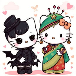 A whimsical scene featuring two Hello Kitty characters: one dressed in a gothic style with dark attire, lace accessories, and a dramatic makeup look, complete with a black choker and a mini top hat