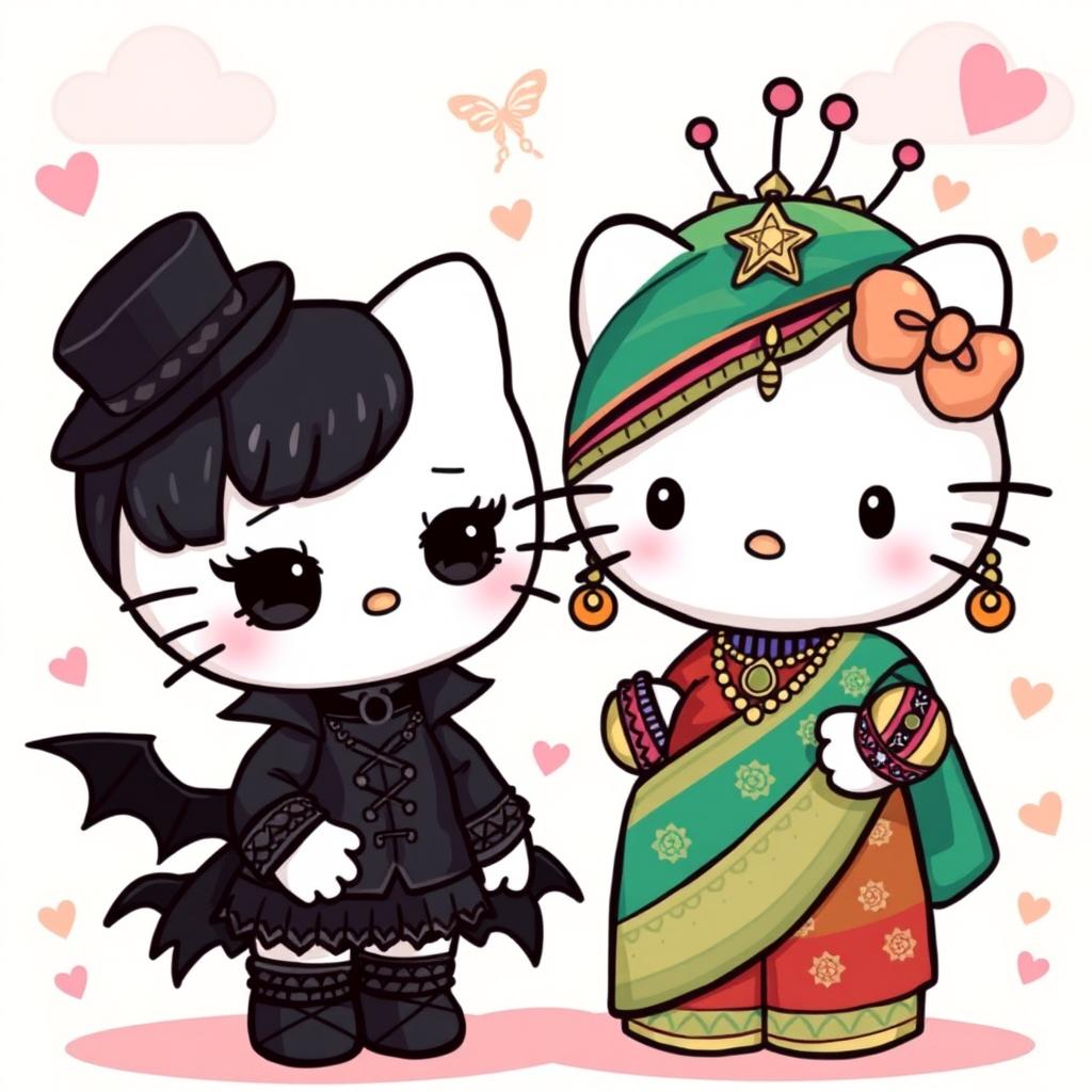 A whimsical scene featuring two Hello Kitty characters: one dressed in a gothic style with dark attire, lace accessories, and a dramatic makeup look, complete with a black choker and a mini top hat
