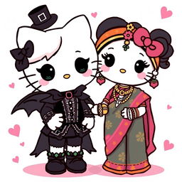 A whimsical scene featuring two Hello Kitty characters: one dressed in a gothic style with dark attire, lace accessories, and a dramatic makeup look, complete with a black choker and a mini top hat