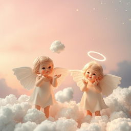 A surreal and imaginative scene featuring ethereal angels amidst a heavenly backdrop, their wings outstretched and glowing with soft, celestial light
