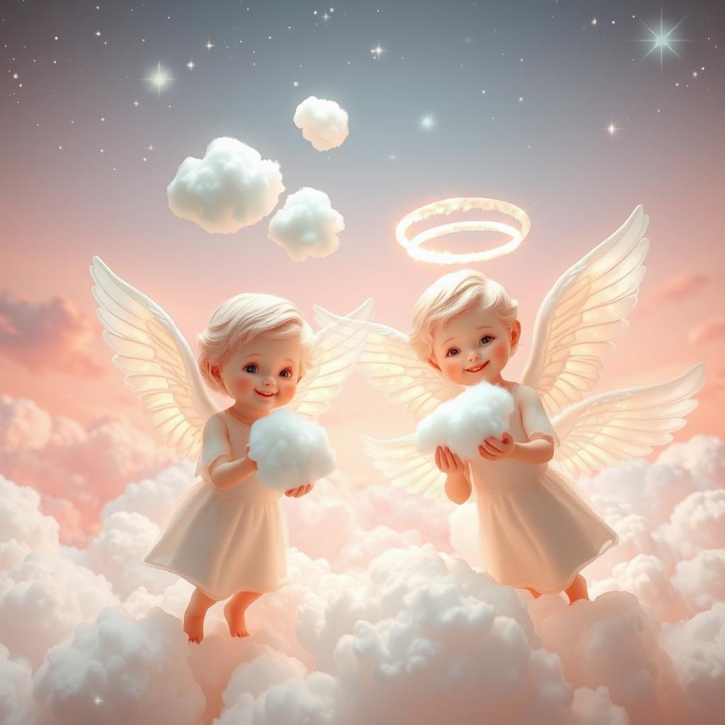 A surreal and imaginative scene featuring ethereal angels amidst a heavenly backdrop, their wings outstretched and glowing with soft, celestial light