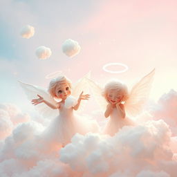 A surreal and imaginative scene featuring ethereal angels amidst a heavenly backdrop, their wings outstretched and glowing with soft, celestial light
