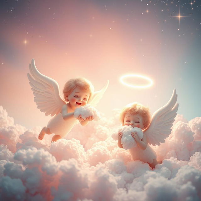 A surreal and imaginative scene featuring ethereal angels amidst a heavenly backdrop, their wings outstretched and glowing with soft, celestial light