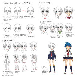 A step-by-step guide on how to draw anime characters, featuring a series of illustrated instructions