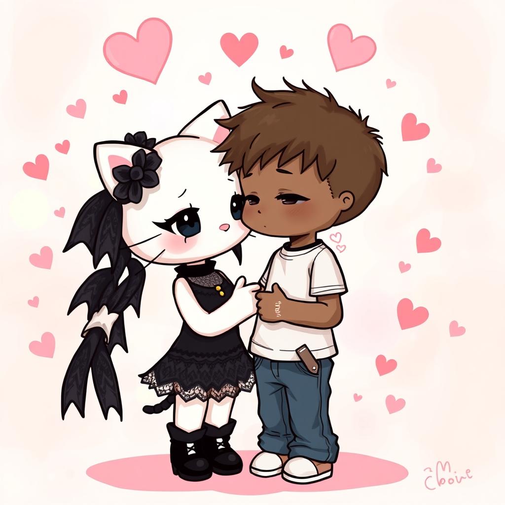 A charming illustration featuring two Hello Kitty characters in a romantic setting
