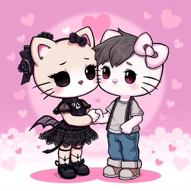 A charming illustration featuring two Hello Kitty characters in a romantic setting