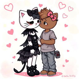 A charming illustration featuring two Hello Kitty characters in a romantic setting