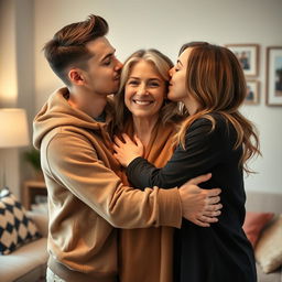 A stunning and gorgeous 18-year-old brother and sister embracing and kissing their mother in a heartfelt family moment