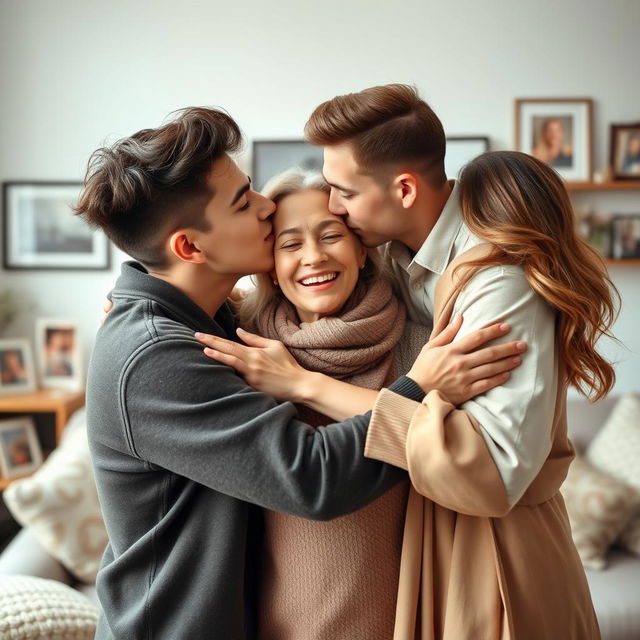 A stunning and gorgeous 18-year-old brother and sister embracing and kissing their mother in a heartfelt family moment