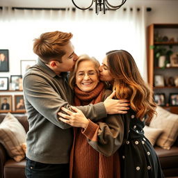 A stunning and gorgeous 18-year-old brother and sister embracing and kissing their mother in a heartfelt family moment