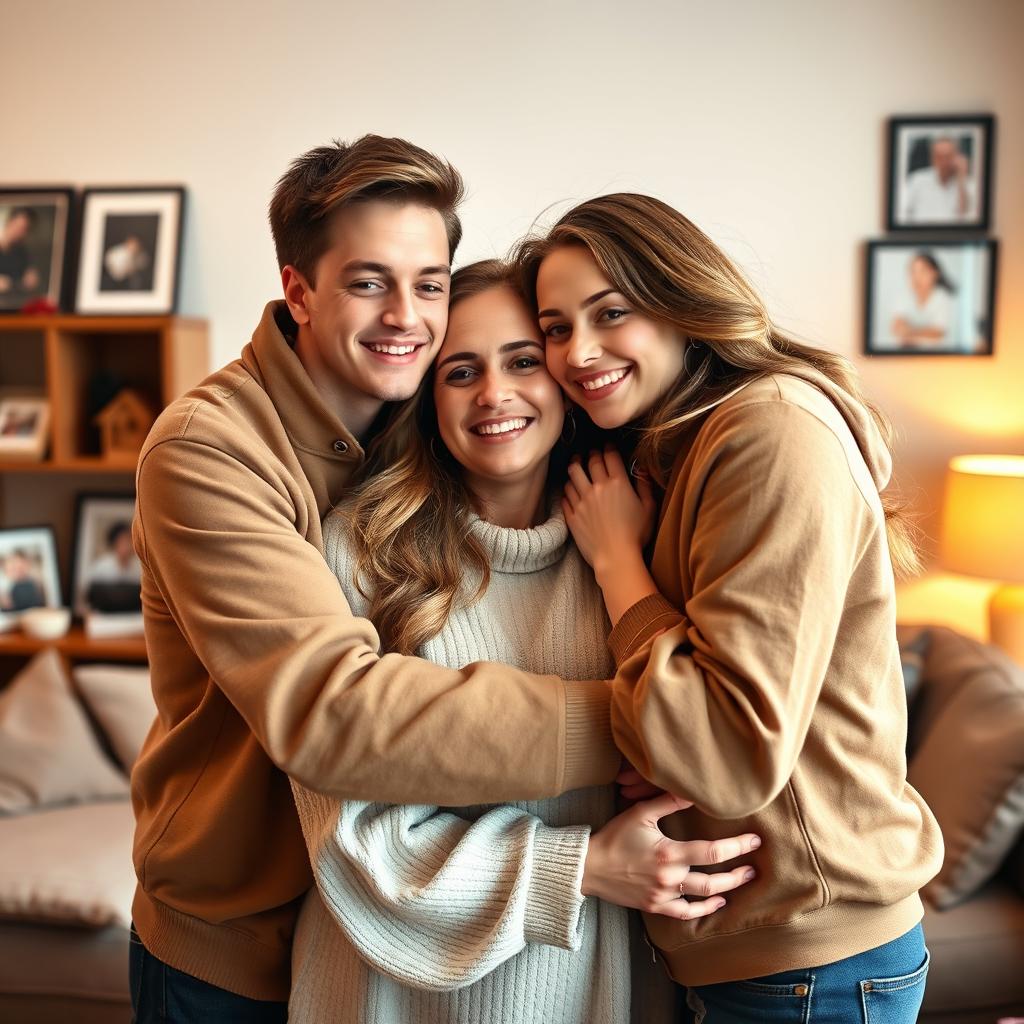 A stunning and gorgeous 18-year-old brother and sister embracing and kissing their mother in a heartfelt family moment