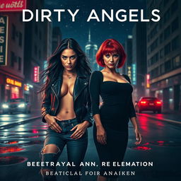 A cinematic poster for a movie titled 'Dirty Angels' (2024), showcasing a gritty urban environment at night