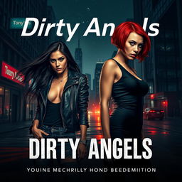 A cinematic poster for a movie titled 'Dirty Angels' (2024), showcasing a gritty urban environment at night
