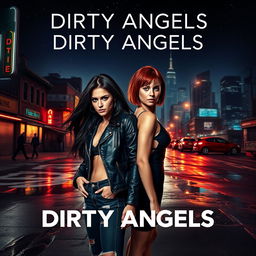 A cinematic poster for a movie titled 'Dirty Angels' (2024), showcasing a gritty urban environment at night