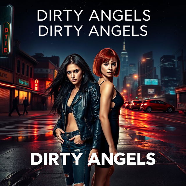 A cinematic poster for a movie titled 'Dirty Angels' (2024), showcasing a gritty urban environment at night