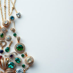 An artistic representation featuring half of the image dedicated to intricate and beautiful jewelry designs including rings, necklaces, earrings, and bracelets, displayed in a high-detail and vibrant manner, while the other half remains empty, providing a balanced and aesthetically pleasing composition