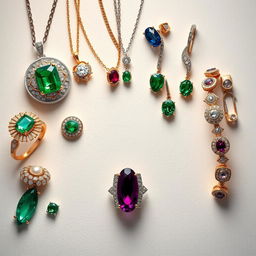 An artistic representation featuring half of the image dedicated to intricate and beautiful jewelry designs including rings, necklaces, earrings, and bracelets, displayed in a high-detail and vibrant manner, while the other half remains empty, providing a balanced and aesthetically pleasing composition