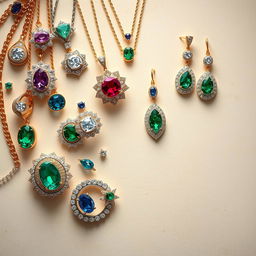 An artistic representation featuring half of the image dedicated to intricate and beautiful jewelry designs including rings, necklaces, earrings, and bracelets, displayed in a high-detail and vibrant manner, while the other half remains empty, providing a balanced and aesthetically pleasing composition