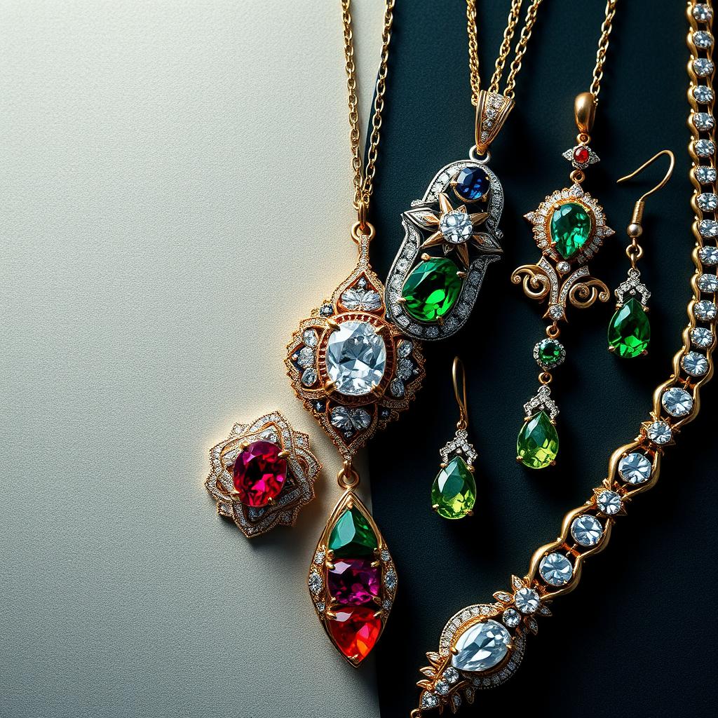 An artistic representation featuring half of the image dedicated to intricate and beautiful jewelry designs including rings, necklaces, earrings, and bracelets, displayed in a high-detail and vibrant manner, while the other half remains empty, providing a balanced and aesthetically pleasing composition