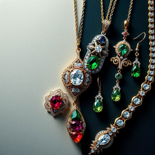 An artistic representation featuring half of the image dedicated to intricate and beautiful jewelry designs including rings, necklaces, earrings, and bracelets, displayed in a high-detail and vibrant manner, while the other half remains empty, providing a balanced and aesthetically pleasing composition