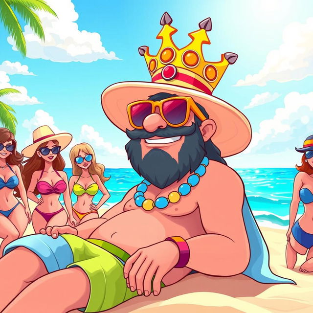 A cartoon-style illustration of King Wart (also known as Mamu) sunbathing on the beach