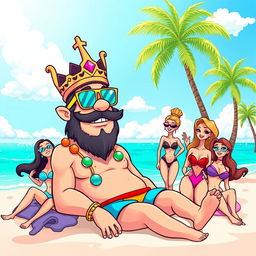A cartoon-style illustration of King Wart (also known as Mamu) sunbathing on the beach