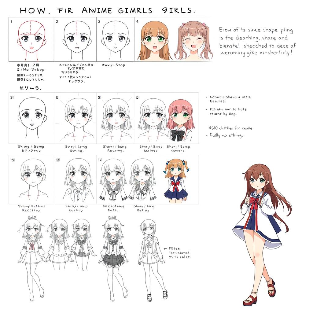 An illustrated, step-by-step guide on how to draw anime girls, featuring clear panels demonstrating each phase of the drawing process