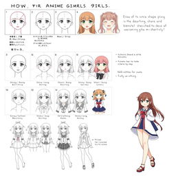 An illustrated, step-by-step guide on how to draw anime girls, featuring clear panels demonstrating each phase of the drawing process