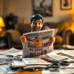 A miniature figure of a small man excitedly cutting out an image of MS Dhoni from a newspaper