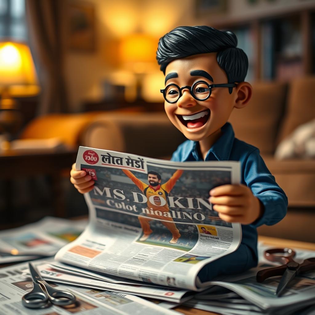 A miniature figure of a small man excitedly cutting out an image of MS Dhoni from a newspaper